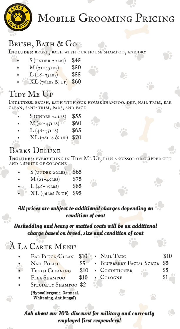 Mobile Grooming Price List 1 Barks And Recreation